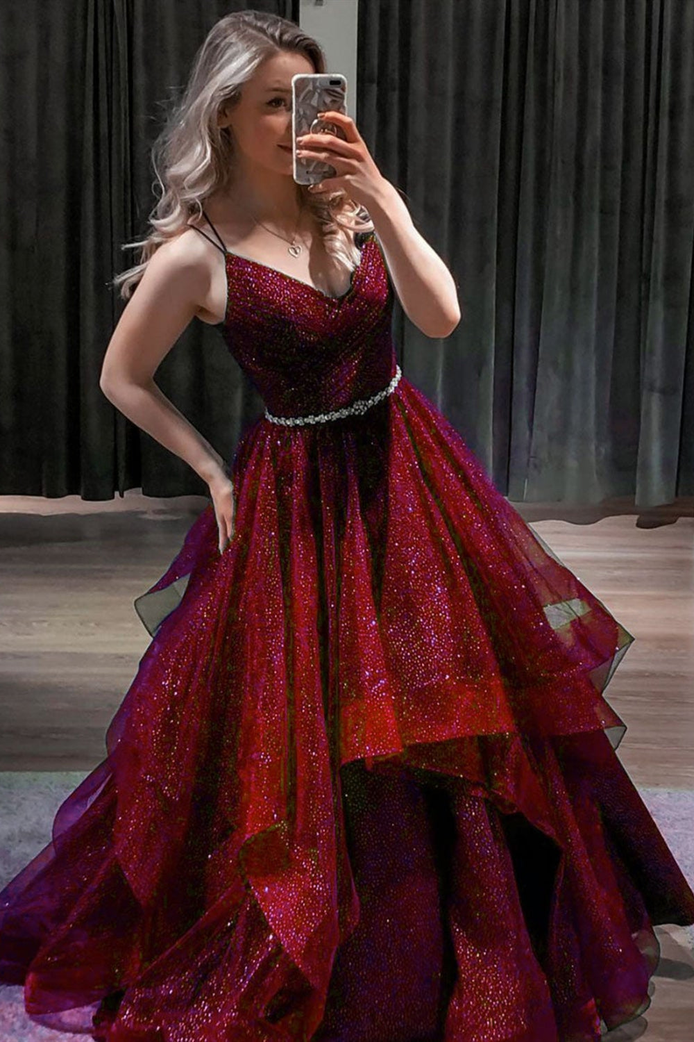 A Line V Neck Blue/Black/Red/Burgundy Satin Long Prom Dresses with Seq —  Bridelily
